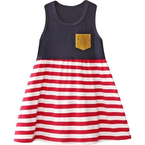 Jumping Meters Fashion Breathable Girls with Stripes Sequins Cotton Kids Summer Sleeveless Dress for Casual Skirt 2-7Years