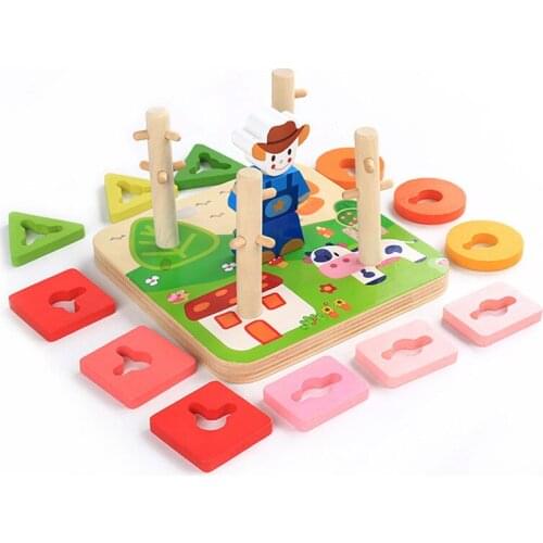 Farm Wooden Column Block 17.4*17.4*11.6 cm Rainbow Shape Matching Geometry Cognitive Education Montessori Toys for Children Gift
