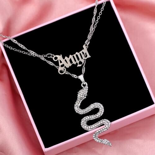 Flatfoosie Punk Silver Color Crystal Snake Pendant Necklace for Women Multilayer Angel Letter Choker Necklace Hip-hop Jewelry