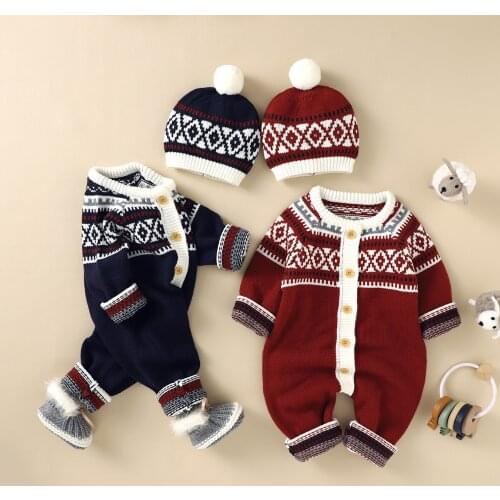 FOCUSNORM Xmas 4 Colors Causal Baby Boys Girls Rompers Hat 2pcs Printed Single Breasted Knit Sweater Long Sleeve Jumpsuits