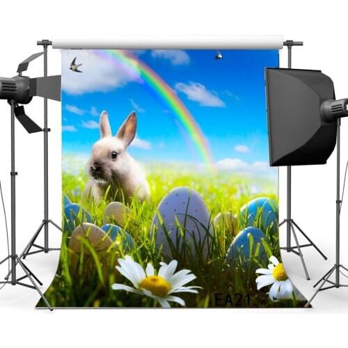 Photography Backdrops Easter Theme Eggs Rabbit Flowers Green Grass Field Rainbow Scene