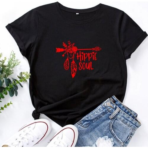 Hippie Soul Graphic T Shirt Women Arrow Floral Print Tee Top O-neck T-shirt Women Black Red Letters Graphic Tee Shirt Women