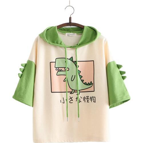 Women Dinosaur Sweatshirts With Horns Sweet Style Short Sleeve Cotton Hoodies Girls Green Hoodie Print Hooded Harajuku Pullovers