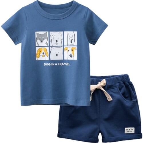 BINIDUCKLING Kids Boys Summer Clothes Set Dog Printed Cotton Short-Sleeve T-shirt Shorts Outfits 2PCS Blue Children Clothing