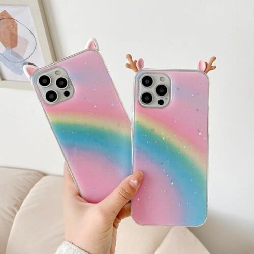 Cute Cat Ear Phone Case For OPPO Reno 5 4 K Z F F19 F17 F11 Pro Find X3 X2 Neo Lite Silicone Antlers Rainbow Back Cover