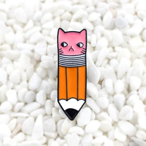 Cute Pencil with Cat Face Eraser Metal Enamel Pin Badge Kawaii Pencil Pink Cat Brooch Pin Denim Sweater Backpack Accessories