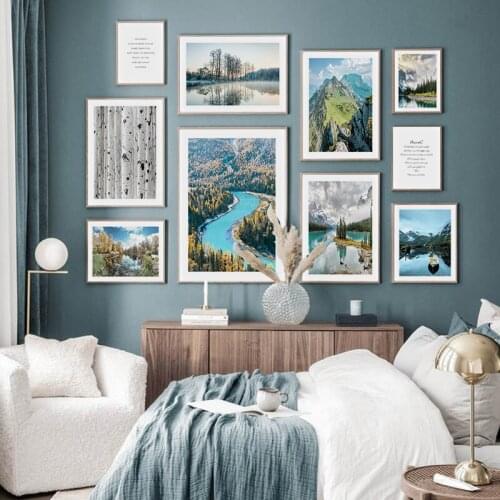 Mountain Lake Reflection Nature Landscape Painting Nordic Art Poster Scandinavian Style Print Wall Picture Modern Home Decor