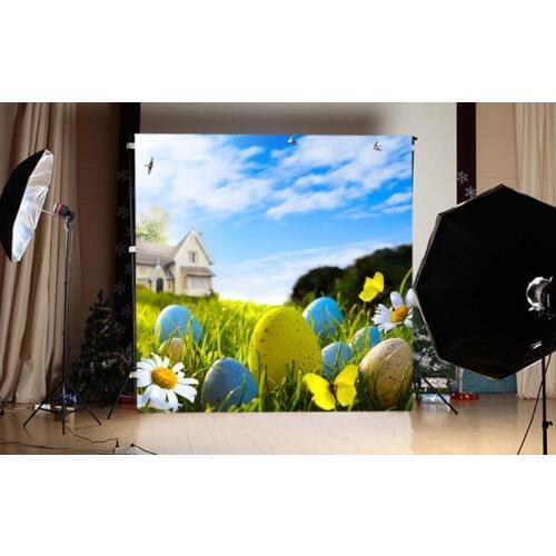 Easter Background Eggs Green Grass Flowers Countryside Photography Backdrops Sky Wood House Tree Photographic Camera Backdrops