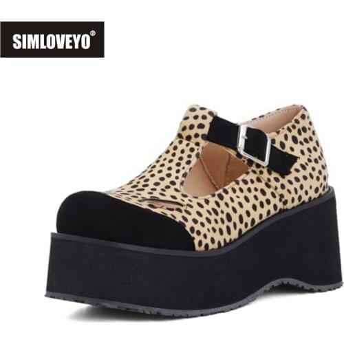 SIMLOVEYO 2021 Thick Sole Pumps Flock Round Toe Creepers Leopard Cut Outs Platforms T Strap 7cm Chunky Heel US17 Yellow A4349