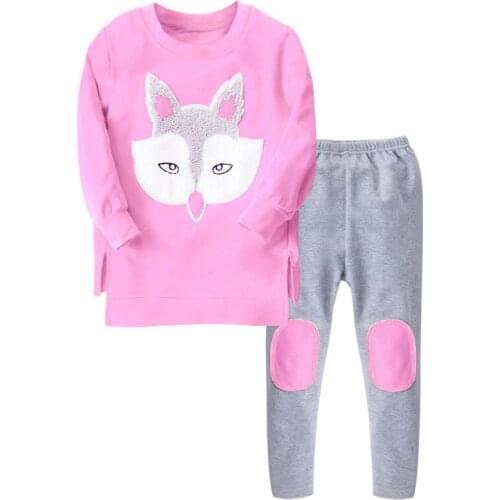 Spring Girls Clothing Set Cartoon Fox Head Movement Girls Clothes Casual Full Sleeve T-shirt+Pants Suit Kids Clothing For 3-8Y