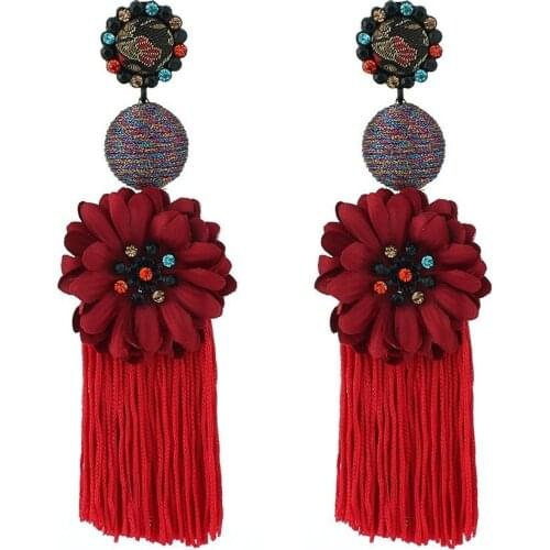 JOUVAL Colorful Flower Shape Long Fringe Tassel Earrings For Women Elegant Dangle Drop Earring Rhinestone Ethnic Summer Jewelry
