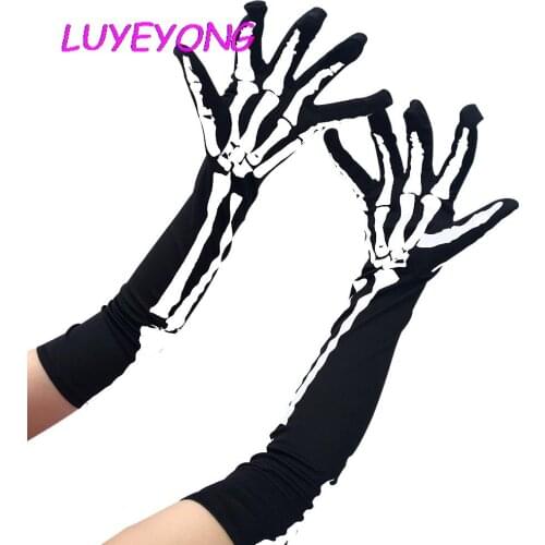 Halloween Lady Gothic Hipster Punk Mittens Scare Props Gloves Skeleton Print Cool Women Opera Length Nylon Glove 2020 50*10 cm