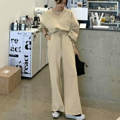Causal Spring 2 Pcs Women Set V Neck Pullover Long Sleeve Top + High Waist Hip Straight Pants Thicked Loose Suit 2021 New
