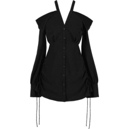 Harajuku Gothic Women Fashion Black Strapless Long Sleeve Dress Hot Girl V-Neck Temperament Slim Sweet Kawaii Dress