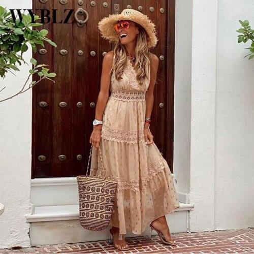 WYBLZ Summer Hollow Out Stitched Midi Dress Sexy Camisole V-neck High Waist Big Swing Casual Holiday Dress for Womens 2021