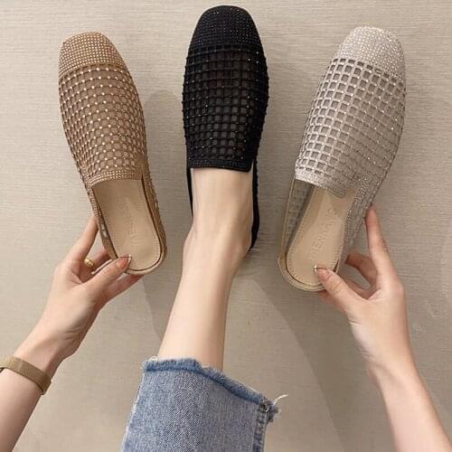 2021 Fashion Half Slippers Womens Diamond-studded Wild Woven Surface Hollow Low Heel Fisherman Slippers Baotou Womens Shoes