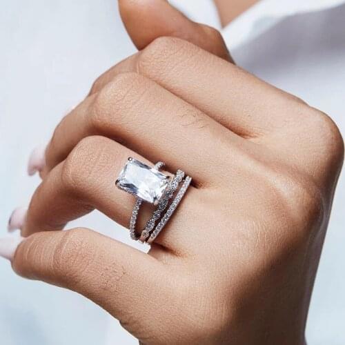 2021 Iced Out Bling Sparking Square Cubic Zircon charm Finger Ring For Women Girl fashion Silver Color wedding jewelry wholesale