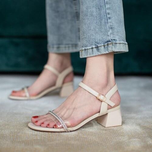 AGODOR Women Open Toe Ankle Strap Sandals Pvc Jelly Sandals Shoes Square Mid Heel All Match Clear Rhinestone Sandals Size 33-43