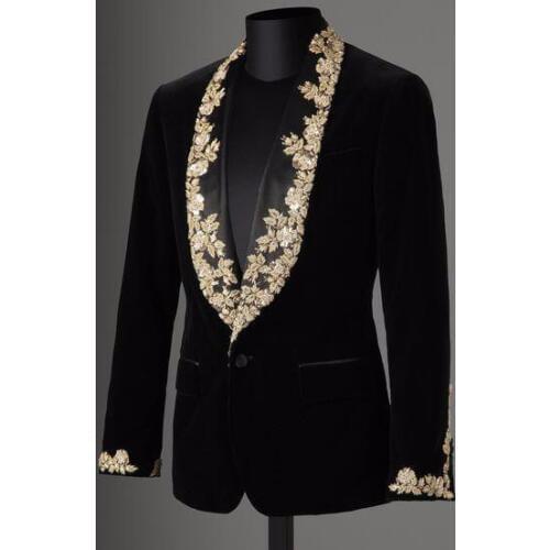 ANNIEBRITNEY Brand Men Suit Custom Black Velvet Applique Slim Fit Tuxedo 2Pcs Groom Wedding Suits Blazer Jacket with Pants Set