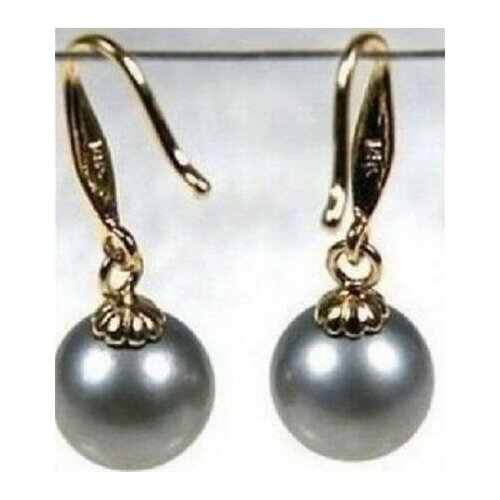 Noble jewelry charming natural AAA+ Round 9-10mm tahitian gray pearl earring 14K gold hook