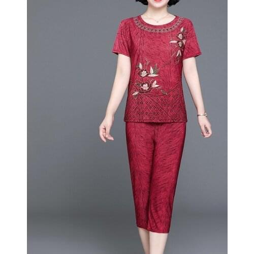 Large Size Women 2 Piece Set Loose Print Short-sleeved T-shirt Tops + Pants Suits Middle-aged Mother Summer Plus Size 4XL Y893