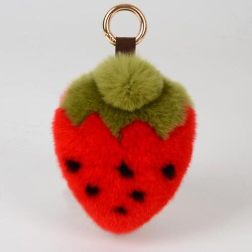 Strawberry Real Rex Rabbit Fur Ring Keychain for Women Creative design Bag-hang Pendant Fruit