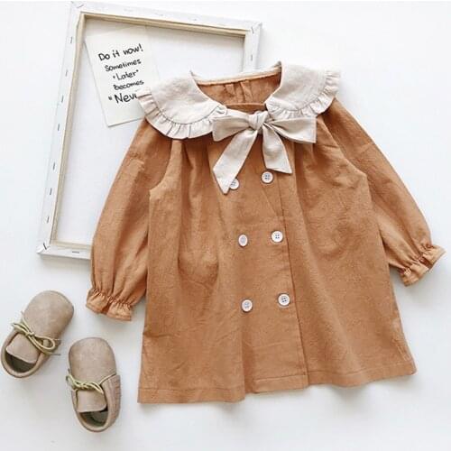 Hollead Girls Children Length Sleeve Dresses Bow Doll Collar Cotton Clothing 2021 Spring Autumn Girls Kids Mini Dresses