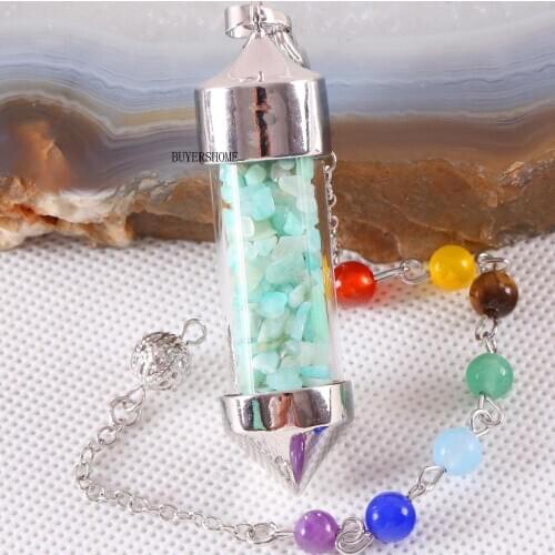 Divination Amulet 7 Chakra Wishing Bottle Pendulum Reiki Natural Stone Chip Green Amazonite Pendant Necklace for Women Men K606