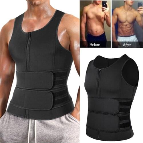 Men Neoprene Sauna Zipper Waist Trainer Vest Tank Top Trimmer Body Shaper with Two Belt Compression Shapewear Shirt Workout Suit