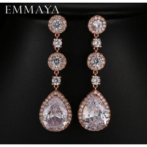 EMMAYA Elegant Attractive Rose/White Gold Color Long Clear Cubic Zirconia Water Drop Earrings for Women