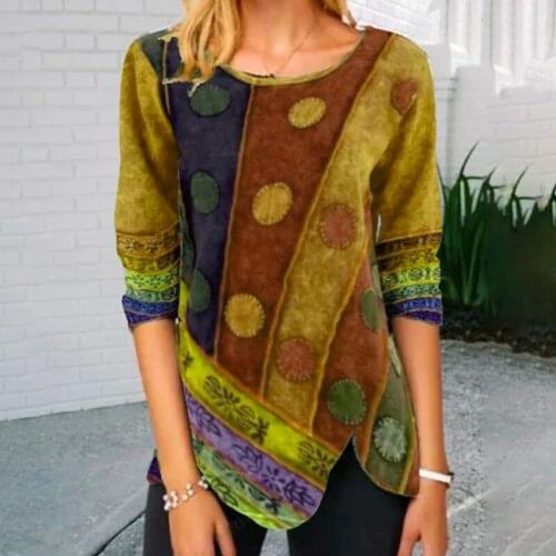 Womens T Shirts Spring New Vintage Printed Irregular Long Sleeve Casual Loose T-shirt Fashion Casual Ladies Tops