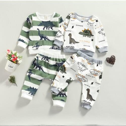 FOCUSNORM Autumn Infant Baby Boys Girls Clothes Sets Striped Dinosaur Printed Long Sleeve Sweatshirt Tops Pants 0-24M
