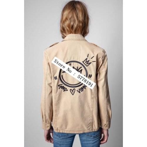 2021 Military Jacket with Shirt Collar Patch Pockets Wing Patch Long Sleeves Letters Embroidered Coat