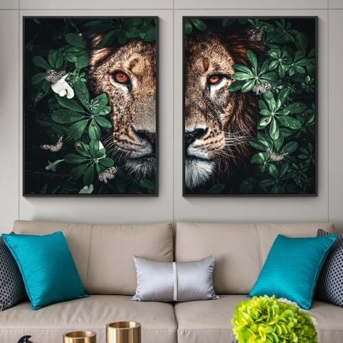 Lion and Lioness Wrapped in Greenery Scandinavia Art Posters and Prints African Wild Lions Paintings on the Wall Art Pictures