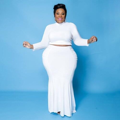 RMSFE 2021 Ladies Long Sleeve High Neck Large Size Fashion Sexy Waist Open Solid Color Simple Two-Piece Dress Set