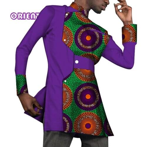 Men Tops African Design Clothes Long Sleeve Slim Fit Dashiki African Print Asymmetrical Shirt Bazin Riche Men Clothing WYN1124
