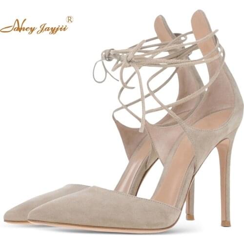 Woman Grey Kid Suede Ankle Strap Pumps Super High Thin Heels 10cm Peep Toe Party Dress Ladies Flannel Shoes Size 40 Turned-over