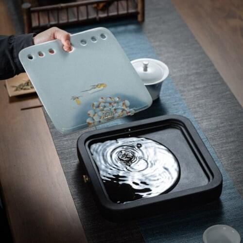 Black Stone Small Tea Tray Water Storage Drain Teapot Platform Japanese Style Ceramic Water Drainning Tea Tray Tea Table