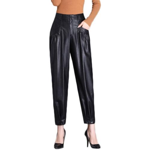 New Vintage Pu Leather Pants Women 2020 Fashion High Waist Harem Pants Pockets Black Trousers Casual Lady Pantalones Mujer P320