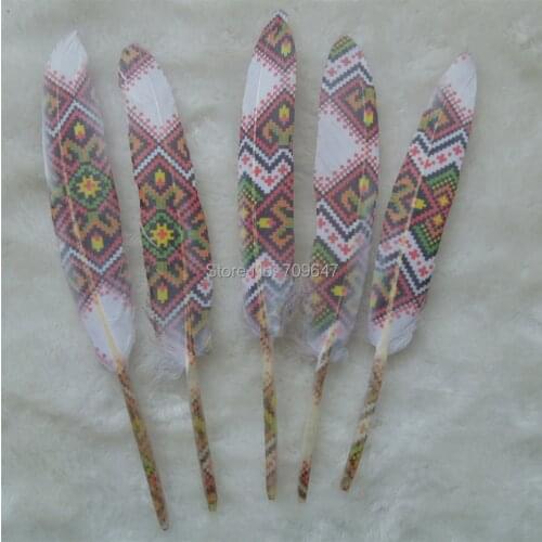 Plumes!50PCS/lot!White Goose feathers with geometric pattern Print Craft Loose Feathers for millinery,wedding,supplies,9-15cm
