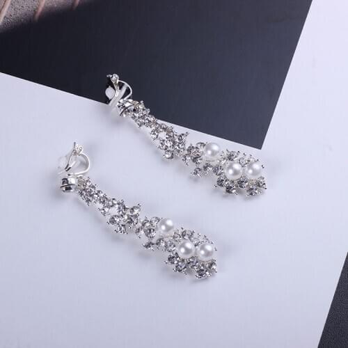 Clip Earrings Rhinestone With Pearls Big Dangle Bling Stacked Non Pierced Ears Clipon Earing For Woman Ladies Accesories