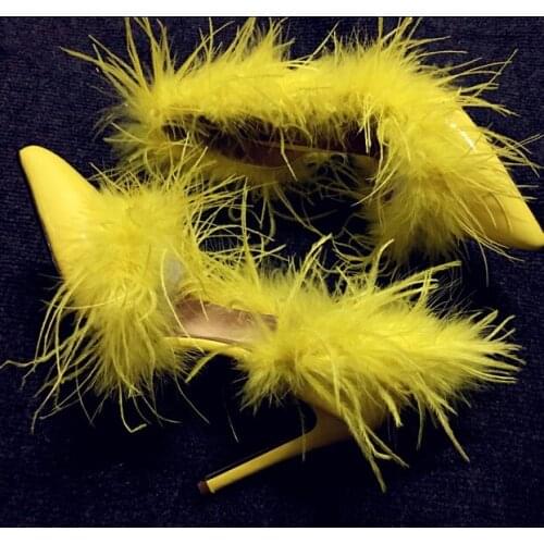 Yellow Blue Ostrich Feather Pumps Female Sexy Side Cut Pointed Toe Woman High Heels Runway Dress Thin Heels Party Shoes