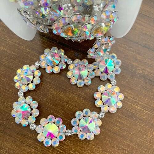 Top-Grade Crystal AB Rhinestone Cup Chain Flower shape gold Silver Base Rhinestone Trim AB Sew on Rhinestones DIY dance dress