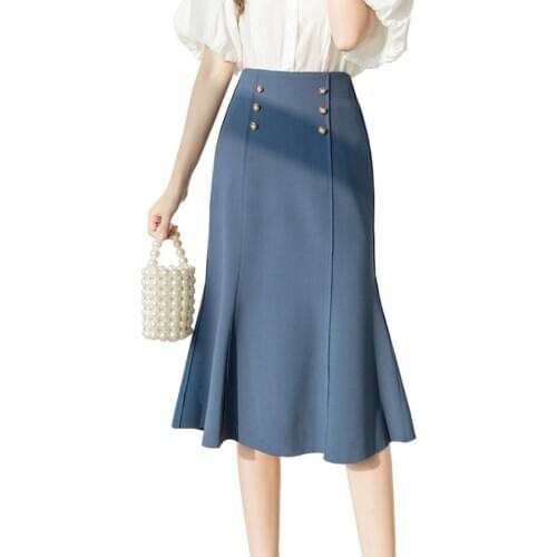 Women Elegant Blue OL Skirt Ladies Double-Breasted Fishtail Knee-Length Skirt Fashion Party Office Skirts High Waist Skirts Lady