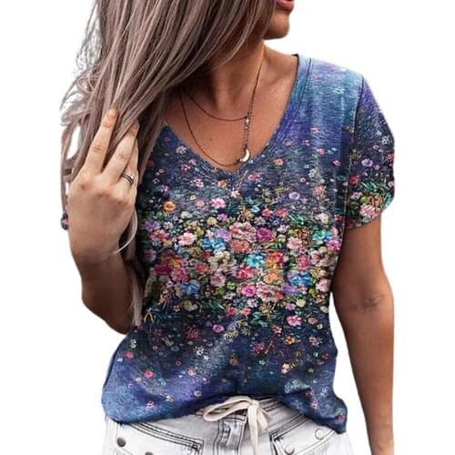 Elegant Short Sleeve Women T-shirt Flower Print Soft V Neck Loose Casual T-shirt Top Pullover New Style Streetwear Tops Pullover