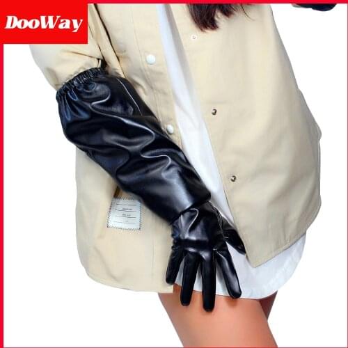 DooWay Women Fashion Gloves Faux Leather Long Sleeve Elastic Cuff Elbow Length Black