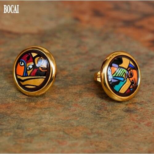 2020 new BOCAI Girl Series New Cloisonne Jewellery Fashion Enamel earrings for Woman 14mm round woman earrings
