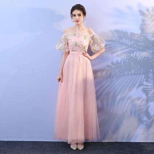 Sweet A-line Appliques Floral Floor-length Slash Neck New Korean Banquet pink Sister Dresses Performance Women Party Dresses