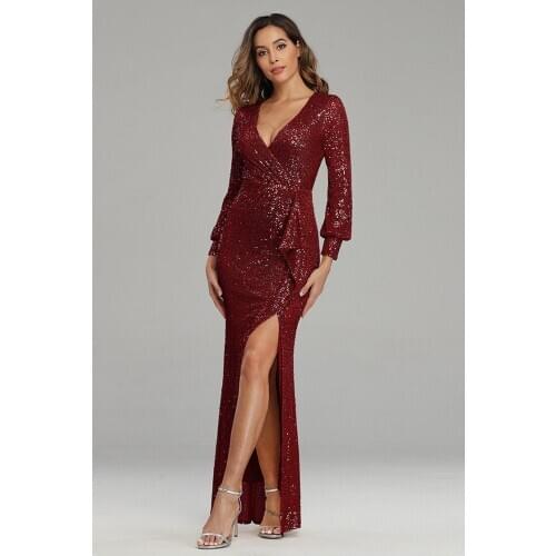V-Neck Mermaid Sequined Formal Burgundy Evening Dresses Women Elegant Party Gowns 2021 Latest