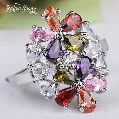 2019 Flower Shape Zircon Wedding Rings for Women Multicolor Crystal Zirconia Luxuey Engagement Ring Party Jewelry Gift